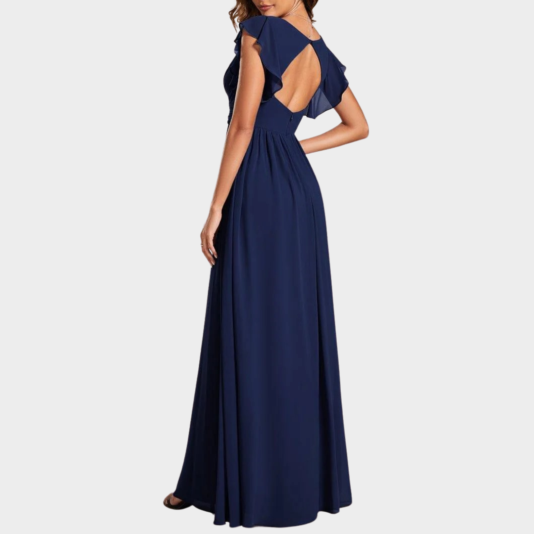 Women’s V-Neck Bridesmaid Dress – Elegant Chiffon Gown with Ruffled Sleeves and Open Back – Multiple Colours