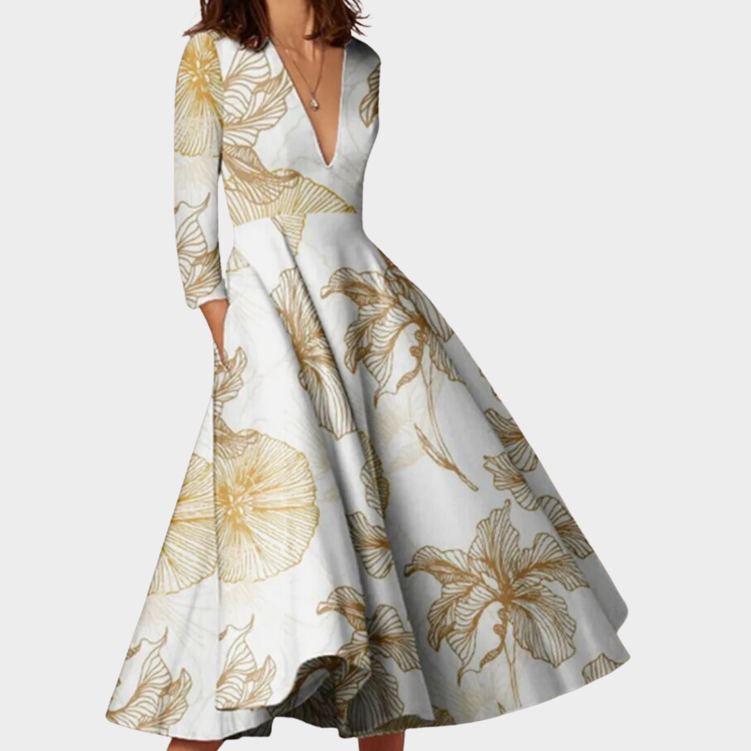 Women's Vintage Geometric Print Dress – Long Sleeve – V-Neck – High Waist – Multiple Colours