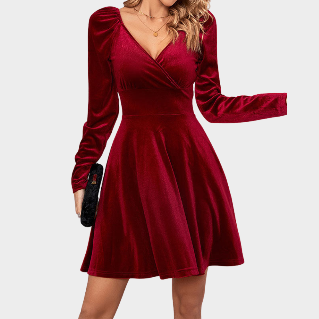 Women’s Velvet V-Neck Party Dress – Long Sleeve Elegant Evening Dress – Flattering Fit – Multiple Colours