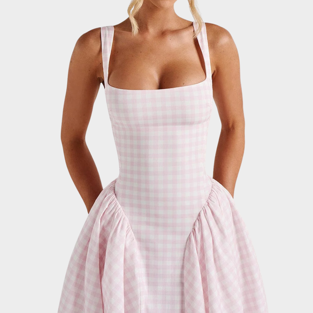 Women’s Midi Dress – Gingham Print with Fitted Bodice – Lace Up Back – Square Neckline – Flowing Skirt – Multiple Colours