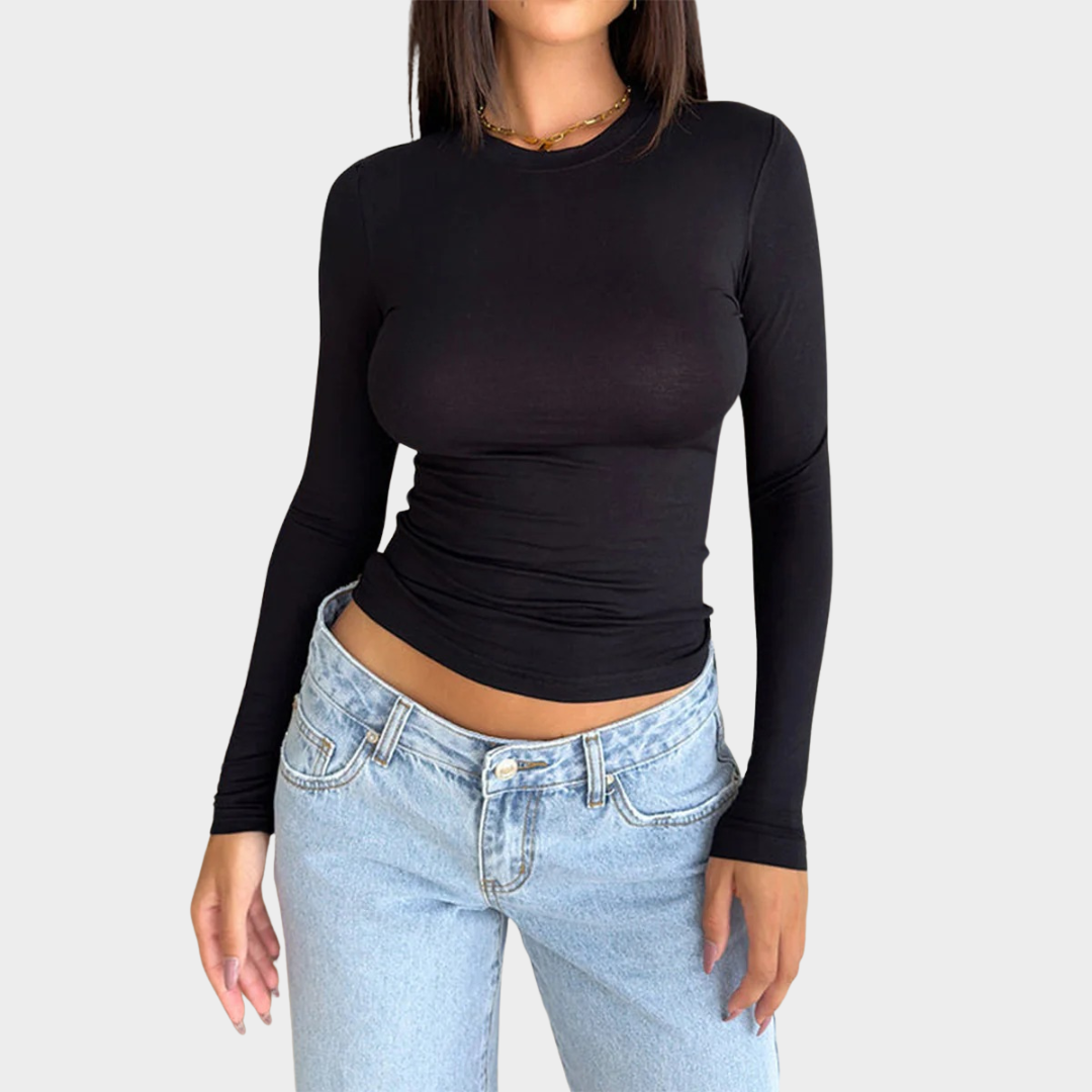Women Round Neck Long Sleeve Top – Casual Slim Fit Pullover – Soft Solid Knit Shirt – Multiple Colours