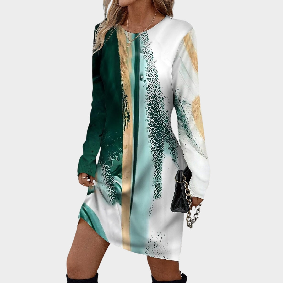 Vintage Print Women’s Dresses – Casual O-neck Long Sleeve Loose Fit Dresses, Black/White, Green/White, Blue/White