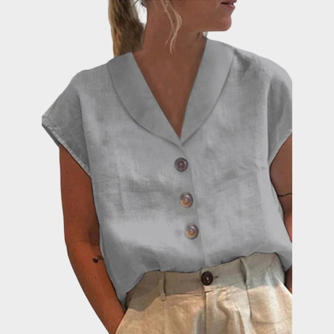 Women's Casual Cotton Linen Blouse – Single-Breasted Lapel – Half Sleeve – White