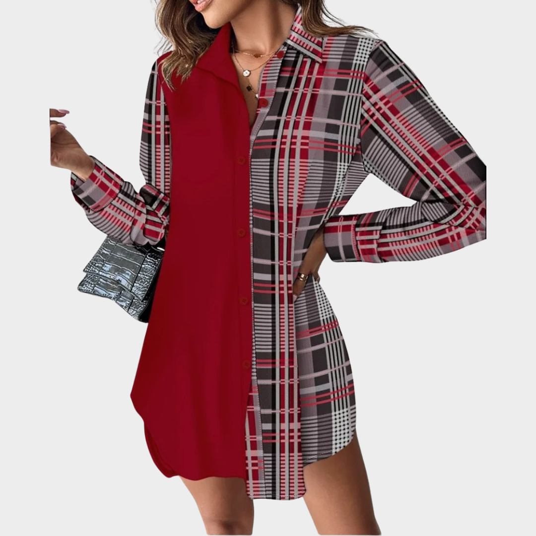 Women's Long Sleeve Shirt Dress – Casual Loose Fit with Leopard Print Patchwork and Button Front – Office and Street Style – Multiple Colours