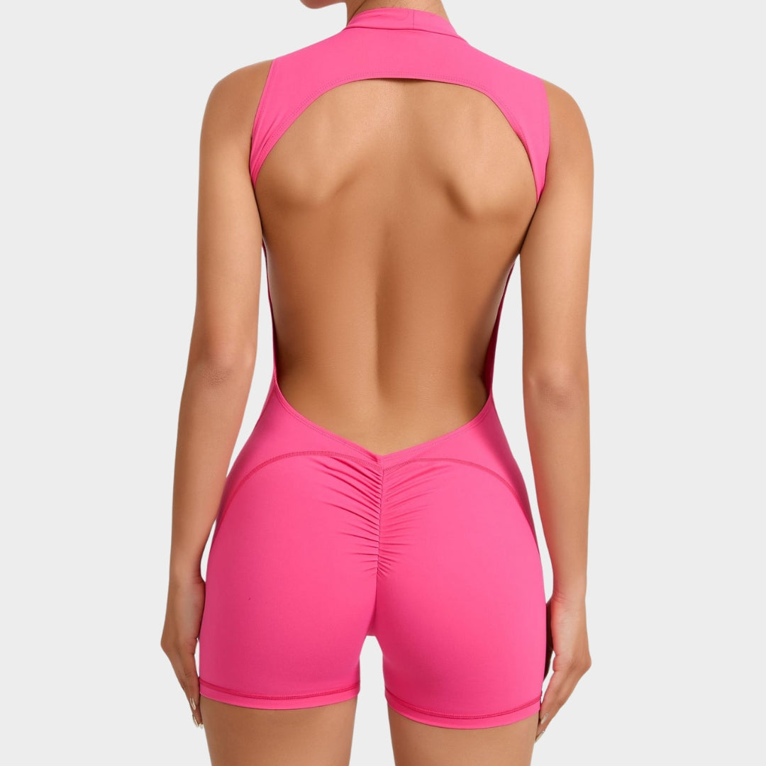 Women's Backless Sports Jumpsuit - Bodycon One-Piece Gym Romper - Scrunch Back - Multiple Colours