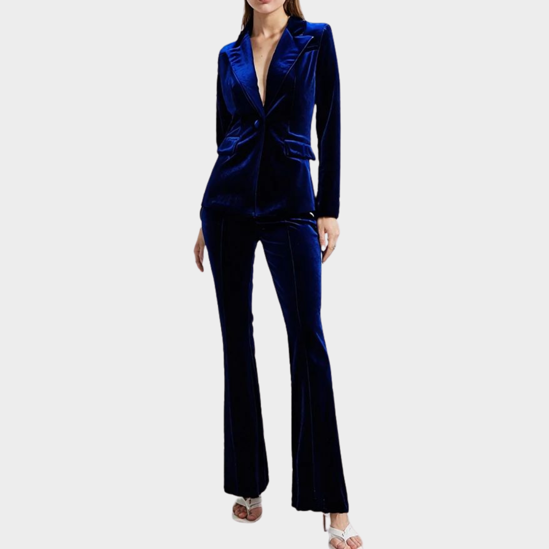 Women’s Velvet Blazer & Trousers Set – One-Button Jacket – Flare Pants – Elegant Fit – Multiple Colours