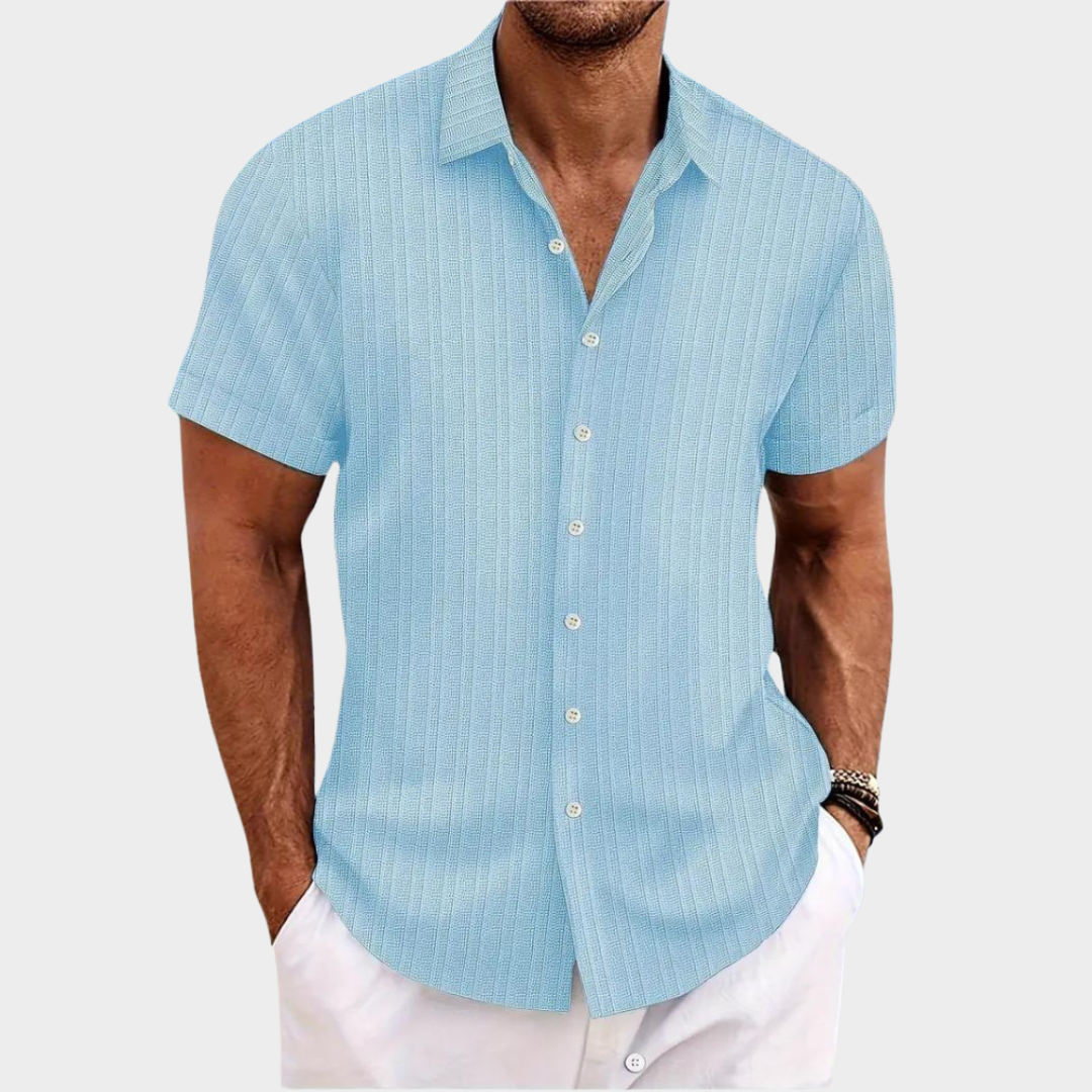 Men's Short-Sleeved Jacquard Shirt - Wave Strip Pattern - Casual Fit Blouse - Multiple Colours