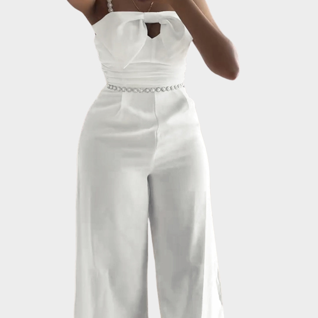 Spring Women’s Elegant Jumpsuit – Bandeau, Beading, Bowknot Design, Ruffles, Slim Fit, Wide Leg, White