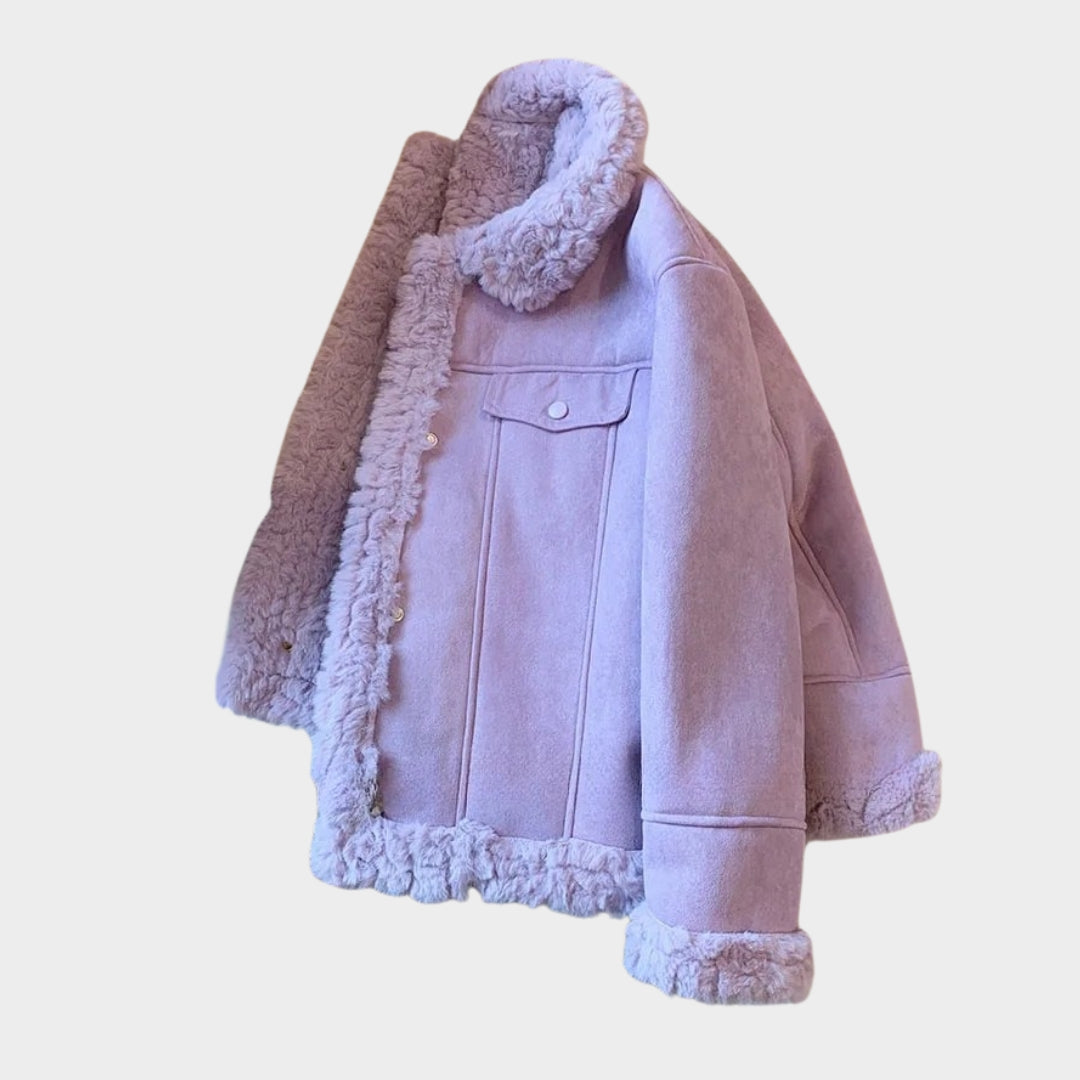 Oversized Women’s Purple Lambswool Coat - Autumn & Winter Plush Thick Wool Fur Coat