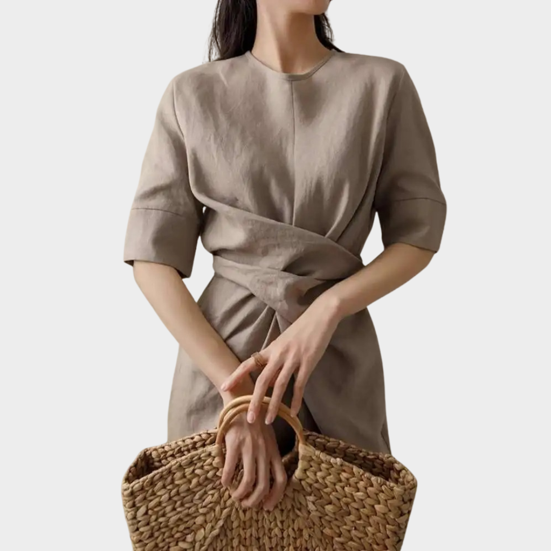 Women's Minimalist Fashion Dress – Half Sleeve O-Neck Irregular Lace-Up Fit – Cotton-Polyester Blend – Light Brown