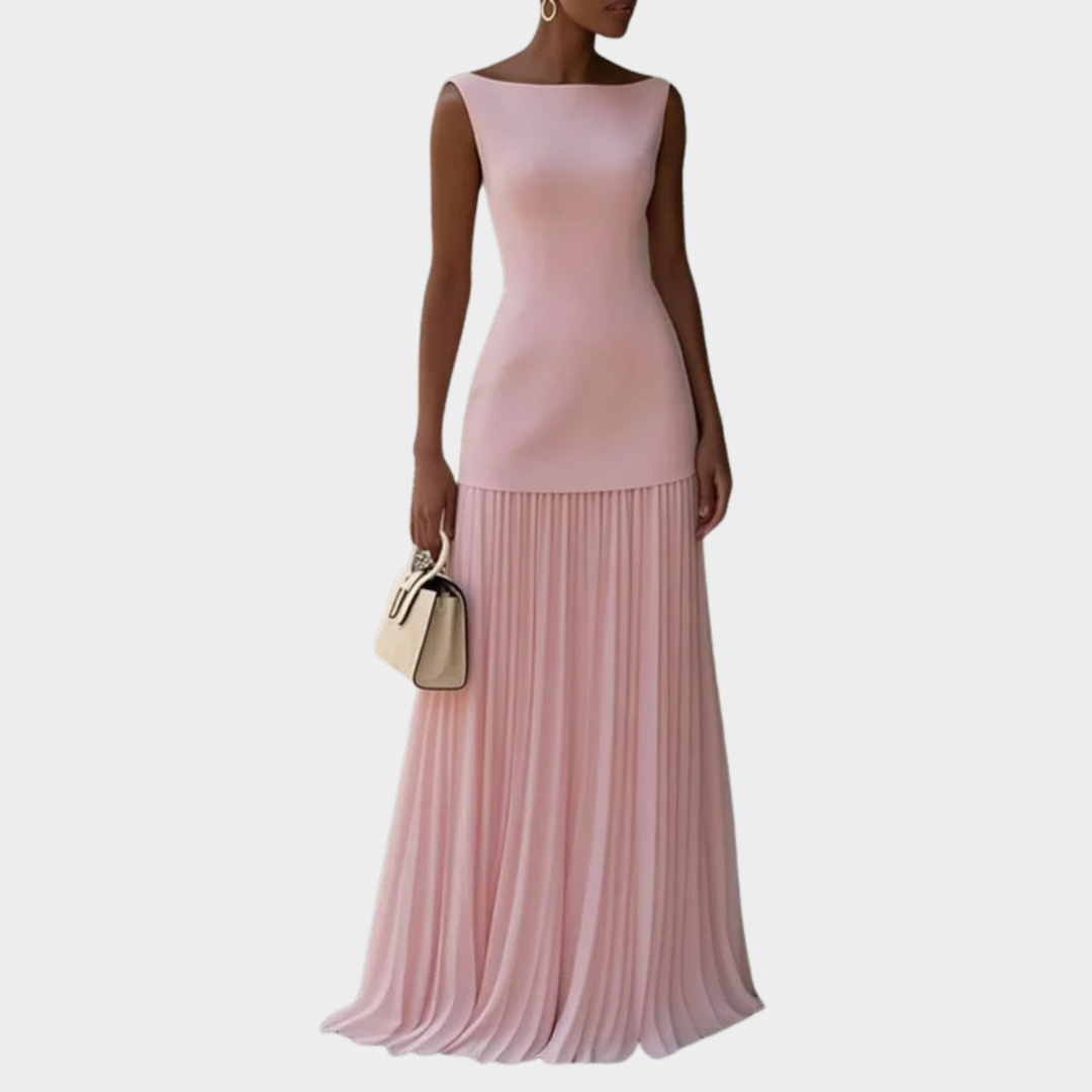 Women’s Sleeveless Maxi Dress – Elegant Pleated Full-Length Gown – Structured Bodice – Flowing Skirt – Multiple Colours