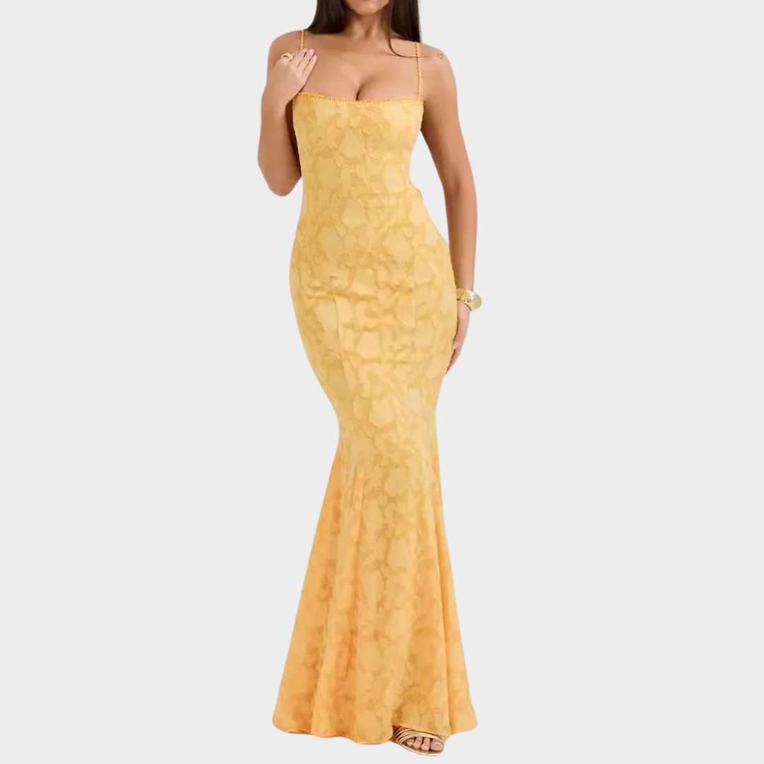 Women’s Strapless Slim Fit Dress – Floral Print Sleeveless Gown with Low Cut Back – Elegant Lightweight Fabric – Yellow
