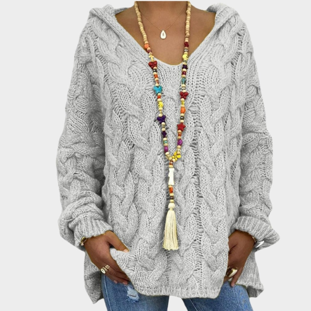 Women’s Hooded V-Neck Knitted Sweater - Long Sleeve, Twist Knit, Solid Color Loose Pullover, Red, Green, and More
