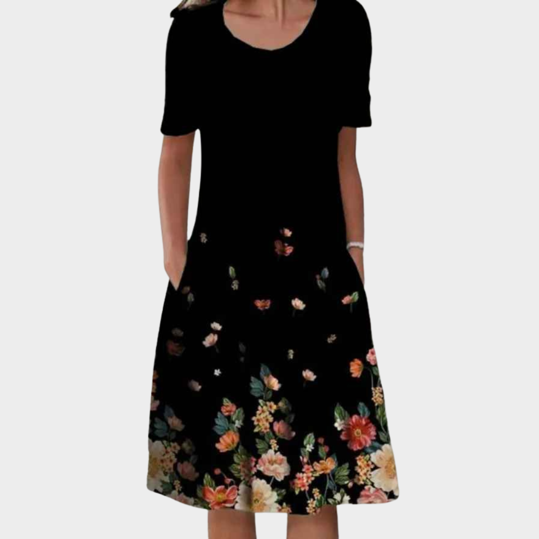 Women's A-Line Midi Dress – Floral Print Round Neck Short Sleeve – Multiple Colours