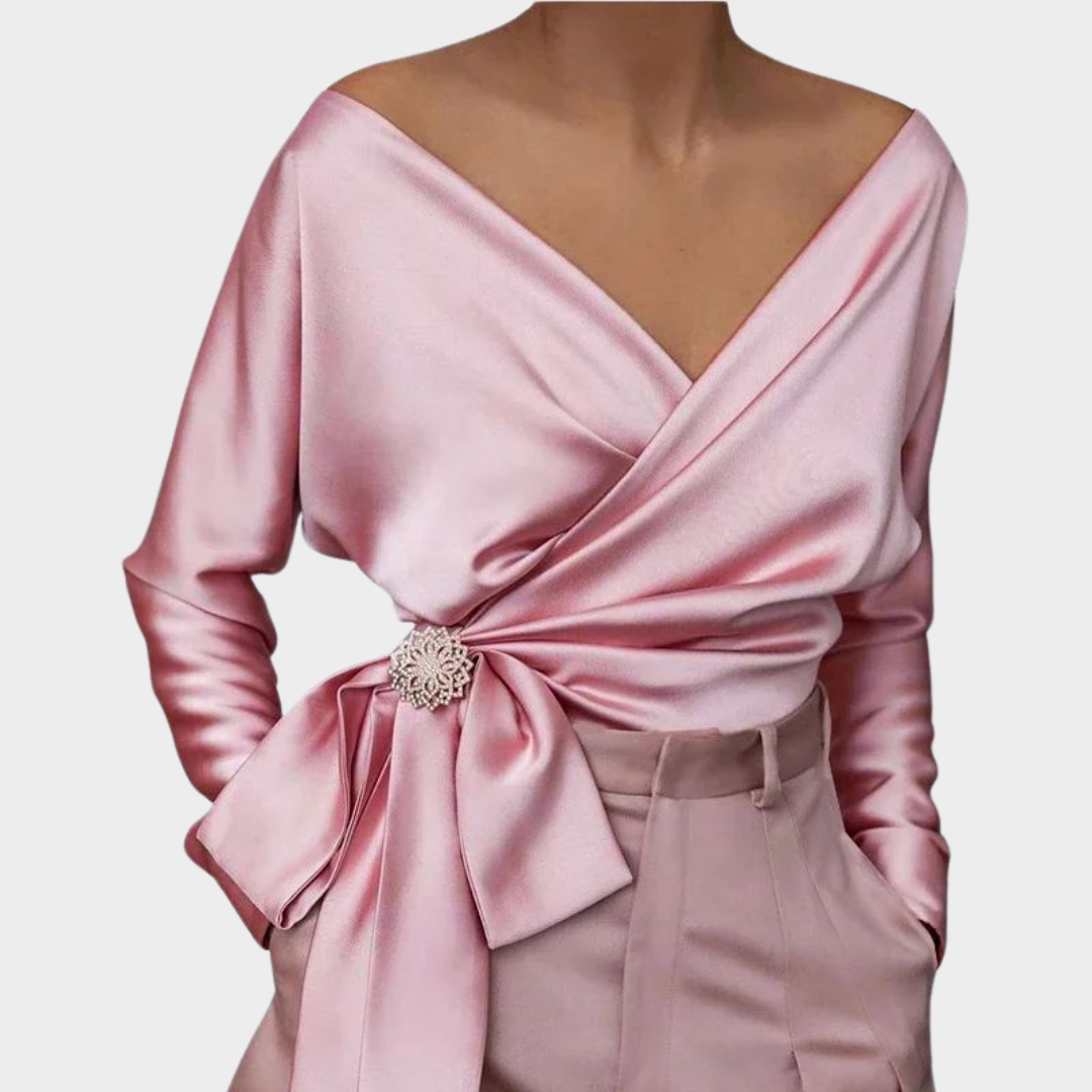 Women's Satin Blouse – V-Neck – Side Lace-Up – Long-Sleeved – Elegant Glossy Top – Multiple Colours