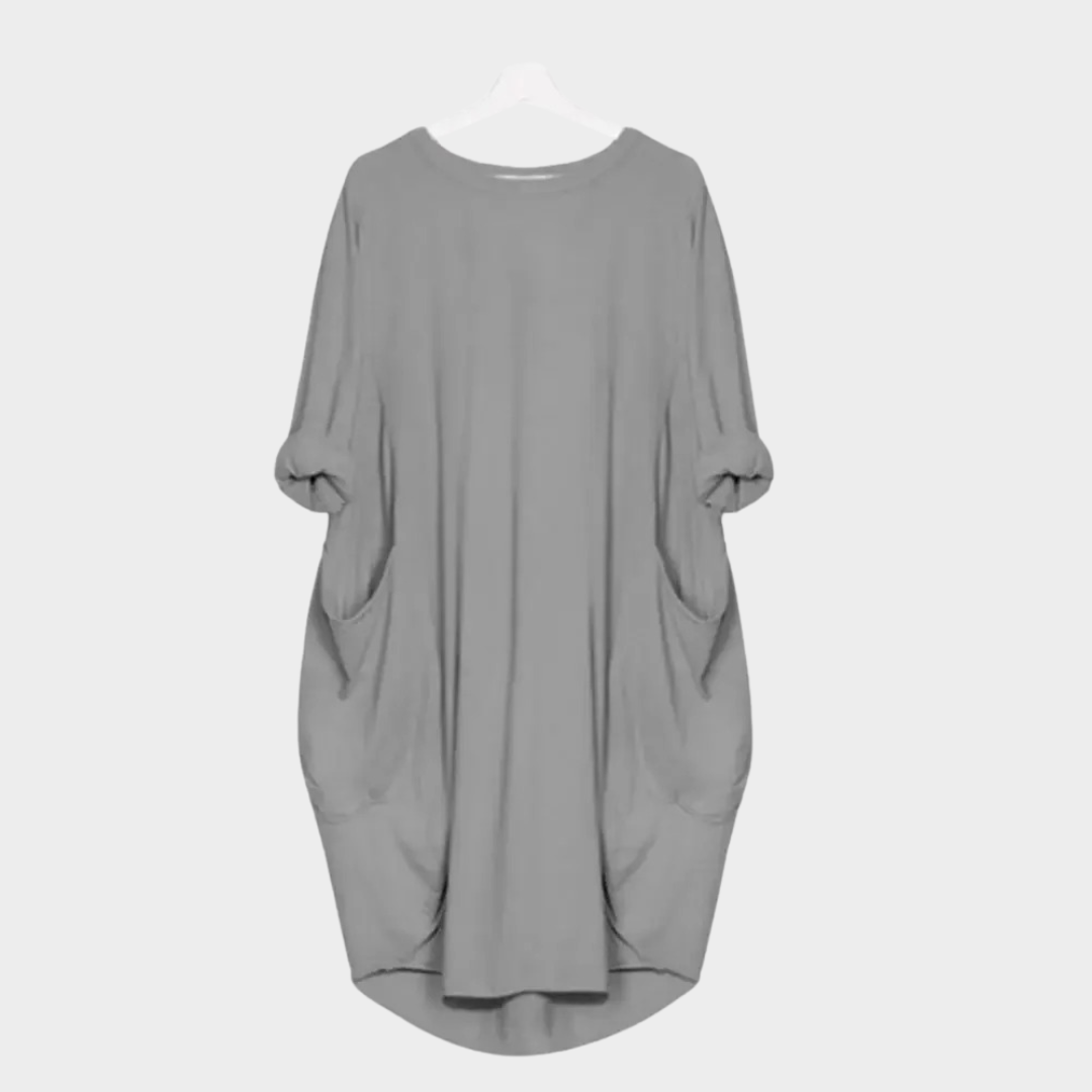 Women’s Loose Fit T-Shirt Dress – O-Neck Mid-Length with Side Pockets – Casual Solid Colour Cotton Blend – Multiple Colours