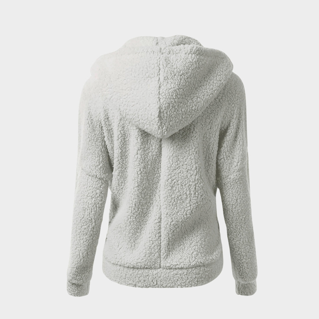 Women’s Hooded Plush Zip-Up Coat – Soft Loose Sweatshirt, Solid Color, Warm Top for Autumn & Winter, Pink, Beige, Black