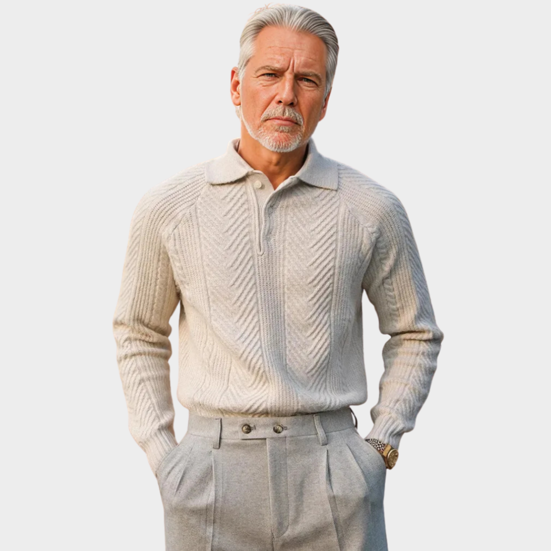 Men’s Thick Knitted Sweater – Slim Fit Shawl Collar Pullover, Warm Fall & Winter Wear, Beige & Grey