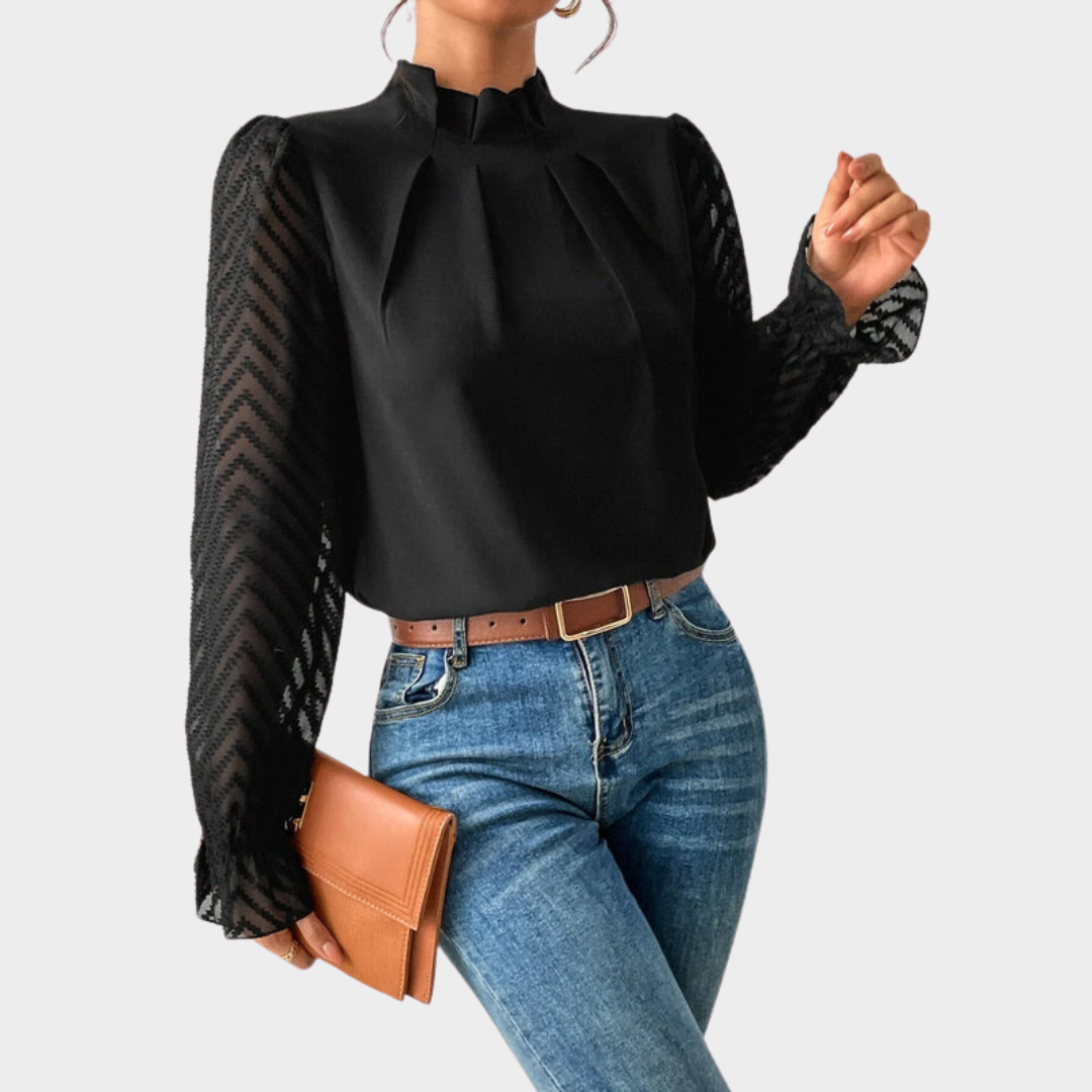 Elegant Women's Lace Blouse – Mock Neck – Long Sleeve – Slim Fit – Chiffon Fabric – Multiple Colours