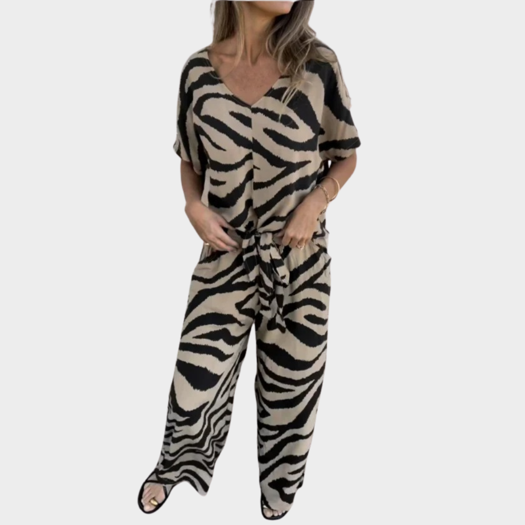 Women Two-Piece Zebra Print Suit – V-Neck Lace-Up Top Wide-Leg Trousers – Lightweight Fit Polyester – Multiple Colours