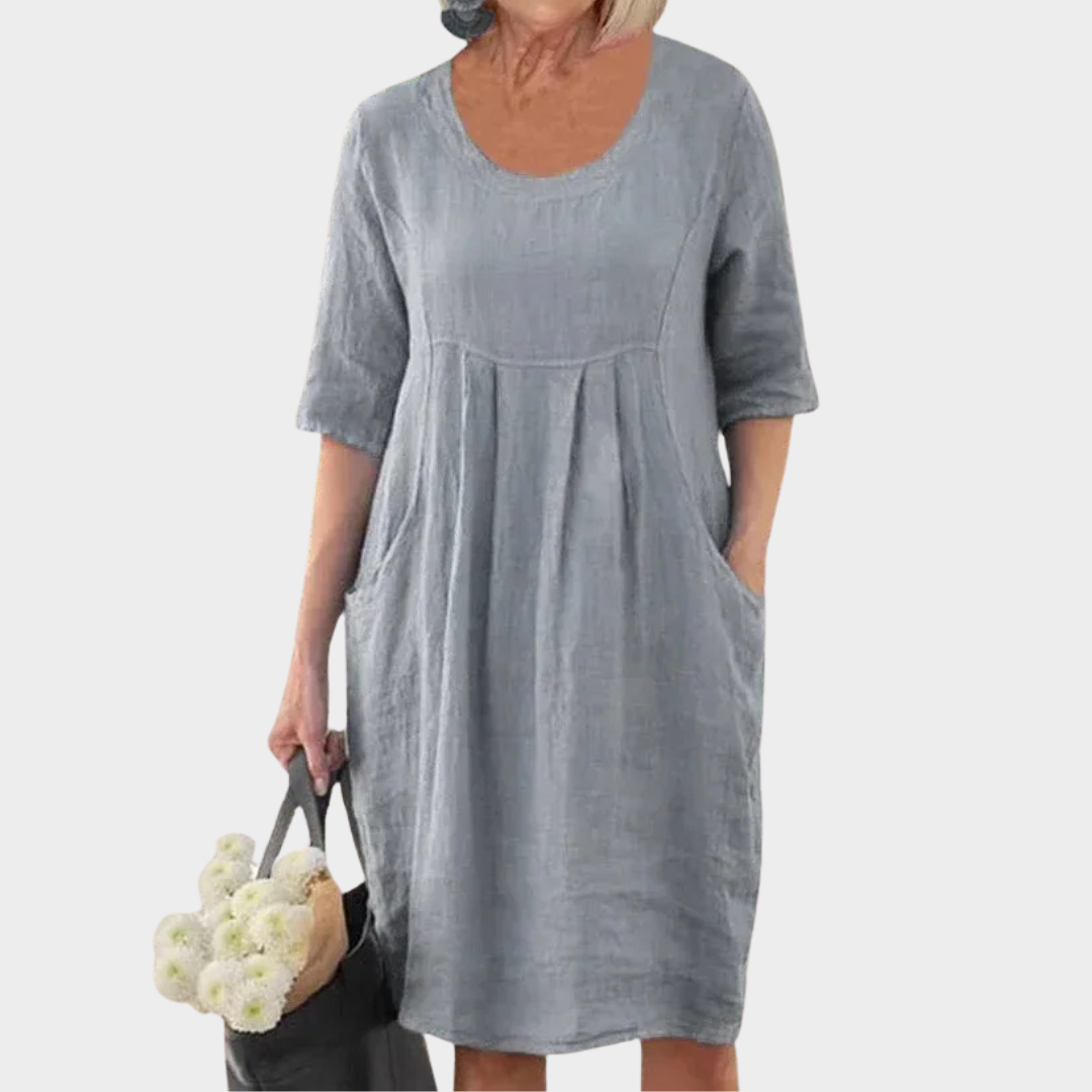 Women Oversized Pocket Dress – Loose Fit Cotton Linen Short Sleeve O-Neck Design – Multiple Colours