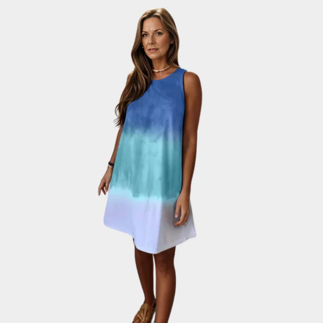 Women's Sleeveless Summer Dress – Tie-Dye Print, Round Neckline, Casual Look, Grey & Blue