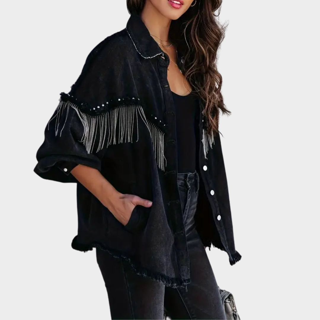 Women's Denim Jacket – Chain Splicing – Vintage Tassel Design – Single-Breasted – Casual Loose Fit – Black
