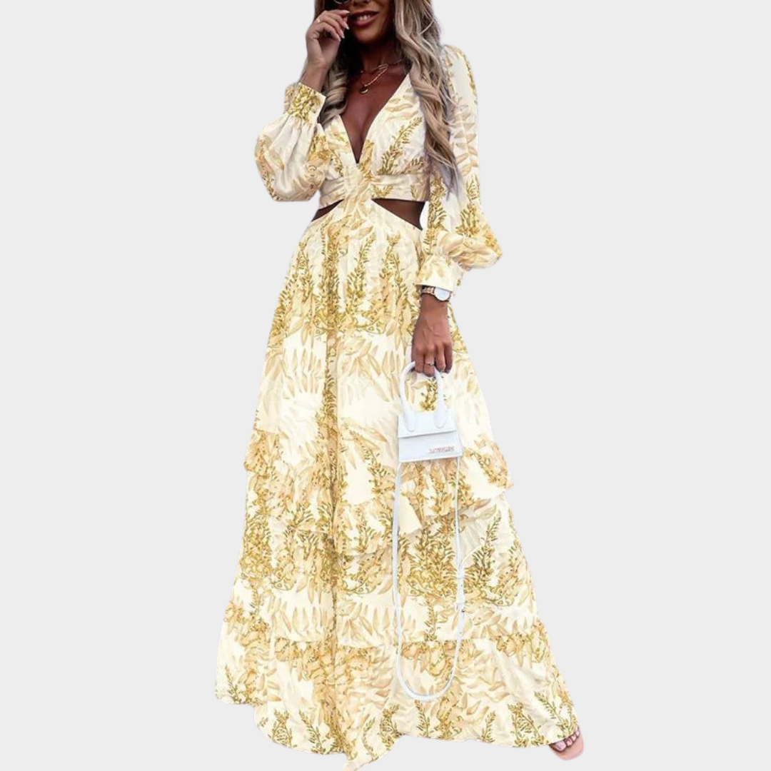 Women's Long Sleeve Maxi Dress – Deep V-Neck Ruffle Spliced Fit – Elegant Print – Multiple Colours