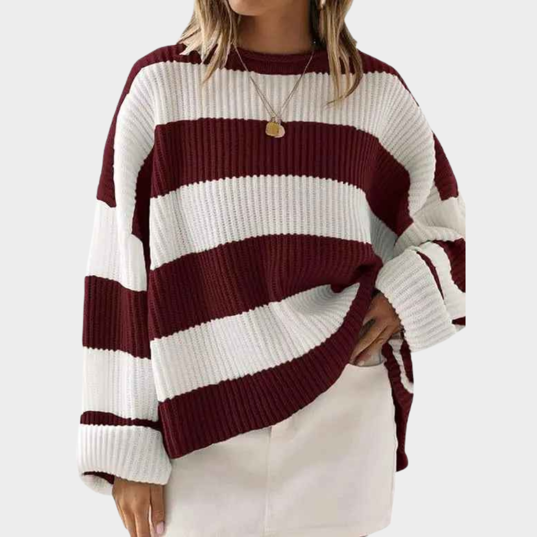 Women's Sweater – Stripe Knitted O-Neck Flared Sleeve Loose Fit Pullover – Multiple Colours