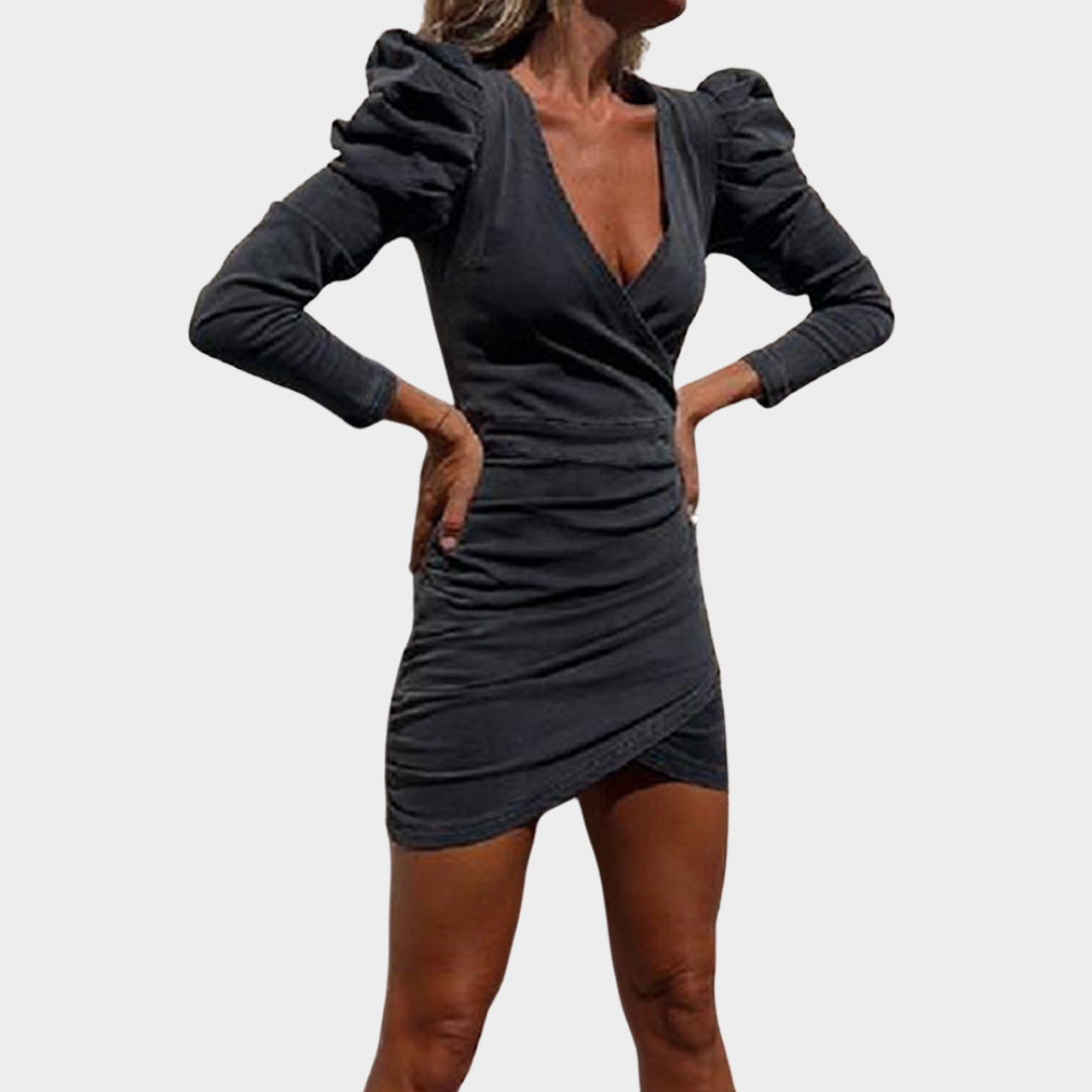 Women’s Deep V-Neck Denim Mini Dress – Slim Fit Draped Split Dress – Puff Sleeve – Multiple Colours