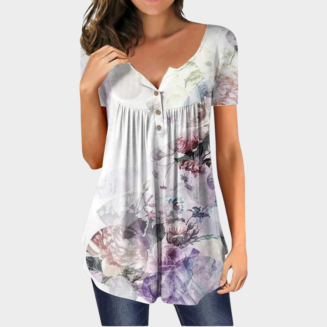 Women’s Printed V-Neck Tunic Blouse – Short Sleeve Loose Fit Top – Button Front Detail – Lightweight Digital Design – Soft Comfortable Fabric – Multiple Colours