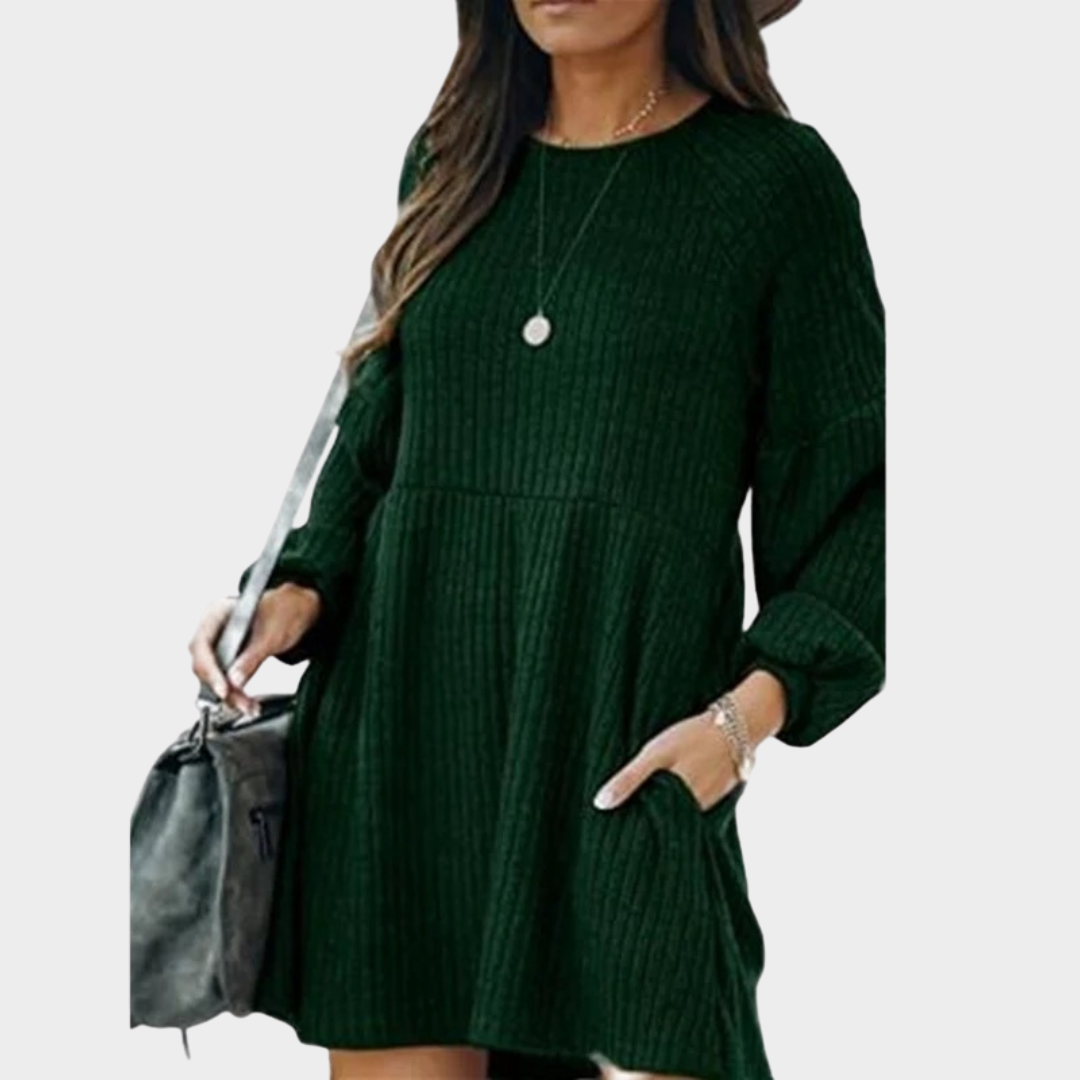 Women Knitted A Line Dress – O Neck Lantern Sleeve Ribbed Mini Dress – Loose Hem Casual Fit – Multiple Colours