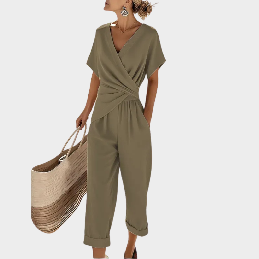 Elegant Two Piece Set – Women Outfit – Wrap Front Top and Cropped Trousers – Tailored Slim Fit Lightweight Fabric – Multiple Colours