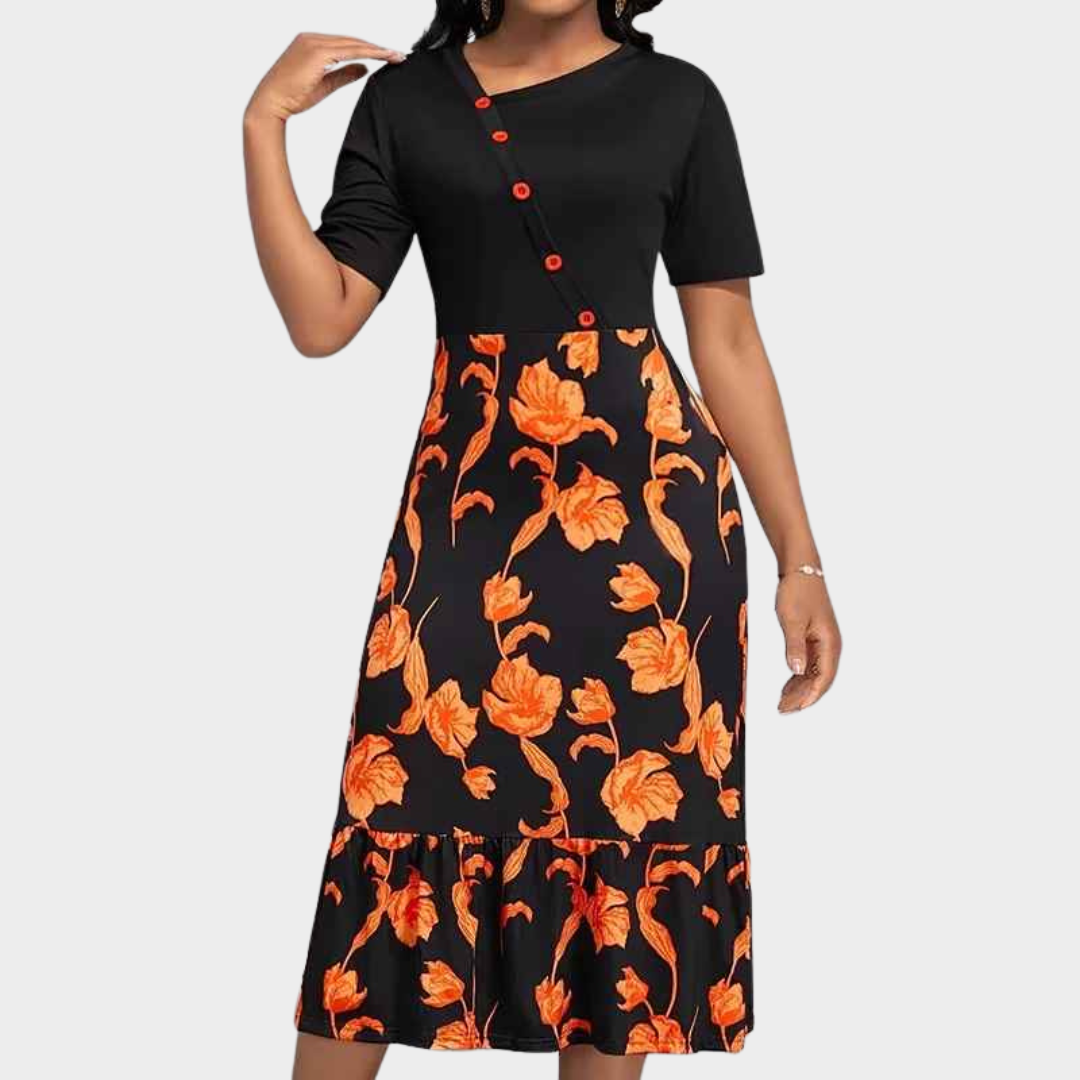 Women's Long Dress – High Waist Printed Long Sleeve Style with Elegant Fit – Orange