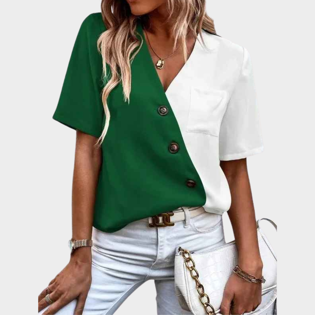 Women's V-Neck Blouse – Colour Splicing Short Sleeve Office Shirt Style – Multiple Colours