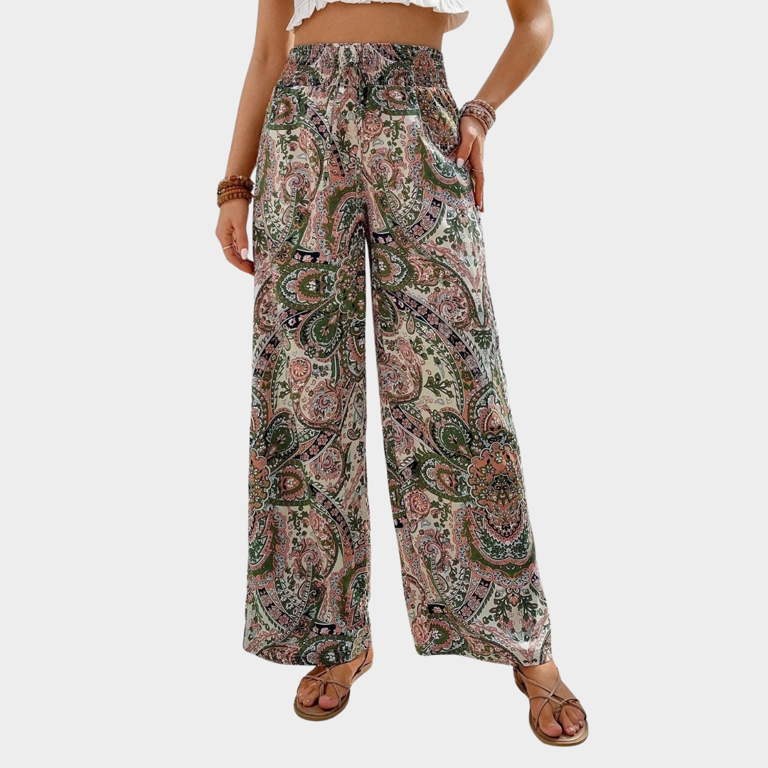 Women Wide Leg Printed Trousers – Elastic Waist Relaxed Fit Lightweight Fabric – Versatile Streetwear Look – Multiple Colours