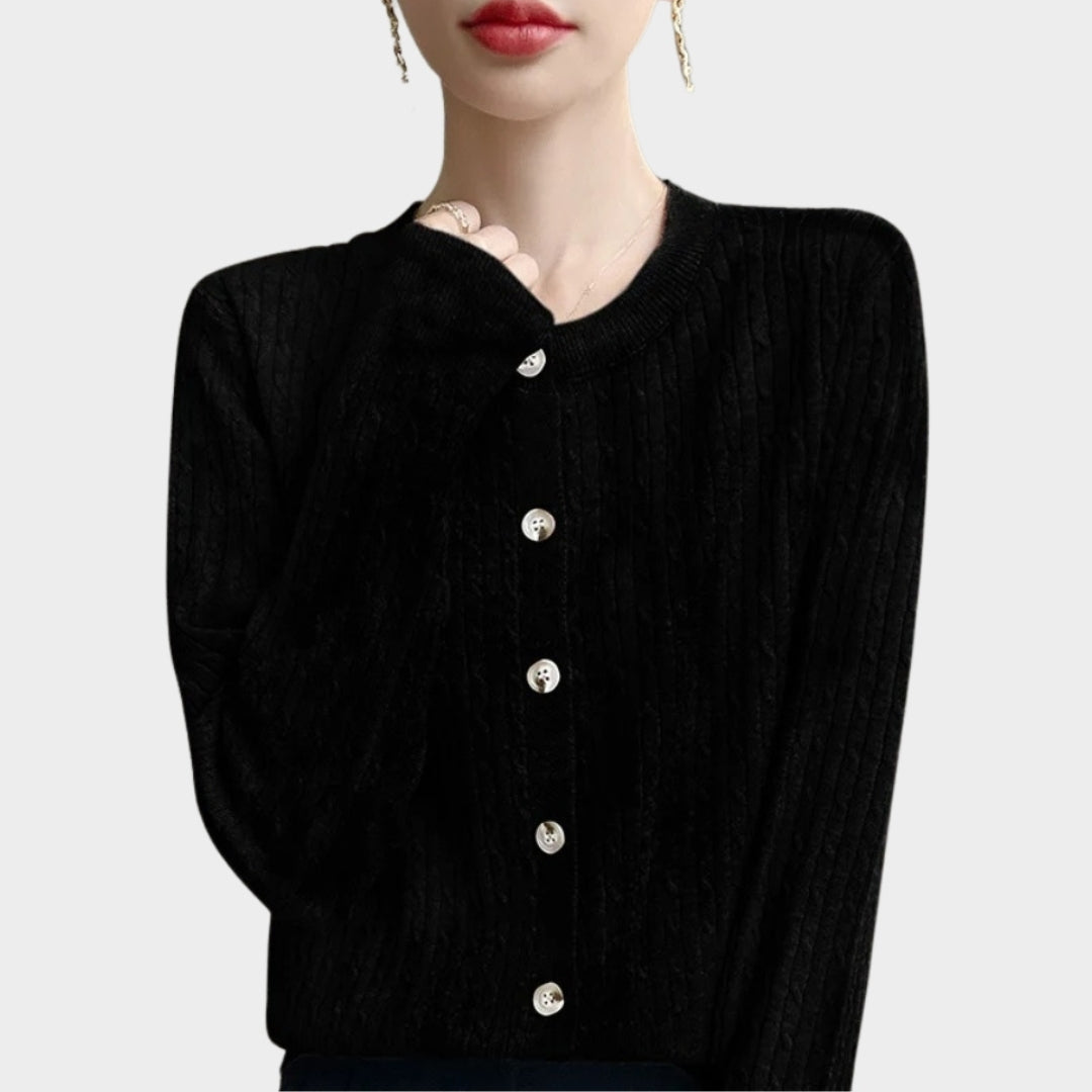 Women’s 100% Merino Wool Sweater – O-Neck Hollow Twisted Cardigan, Long Sleeve Knitted Top, Multiple Colors