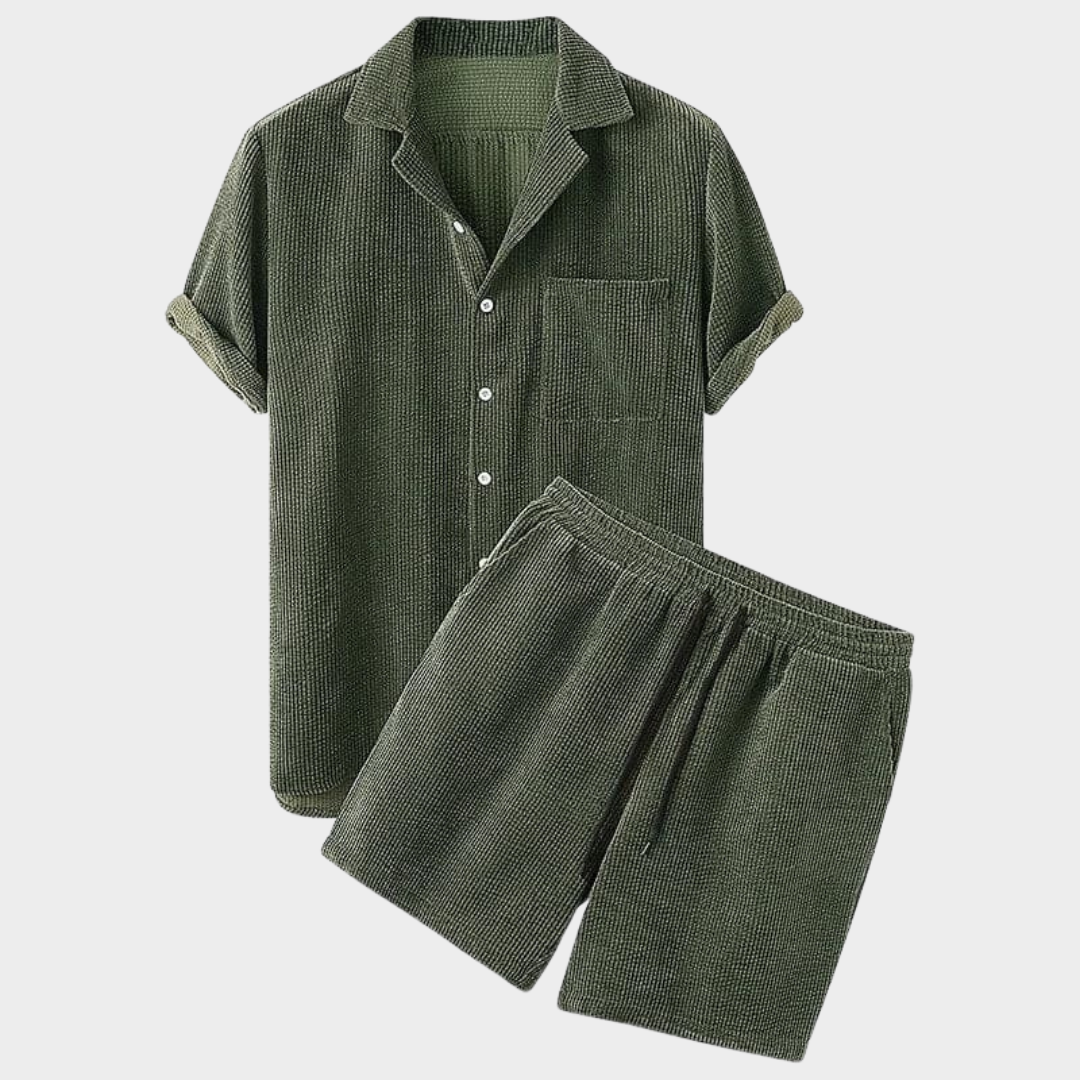 Men’s Corduroy Shorts Set – Short Sleeve Shirt & Shorts – Relaxed Fit – Solid Colour – Multiple Colours