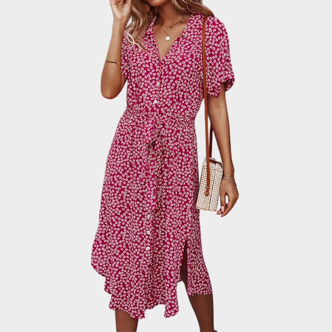 Women's Floral V-Neck Midi Dress – Short Sleeve – Button Front – Casual Loose Fit – Lightweight Fabric – Multiple Colours
