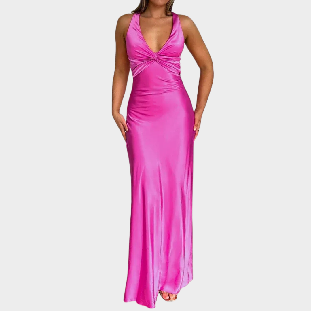 Women’s V-Neck Long Dress – Slim Satin Backless Party Gown with Straps – Multiple Colours