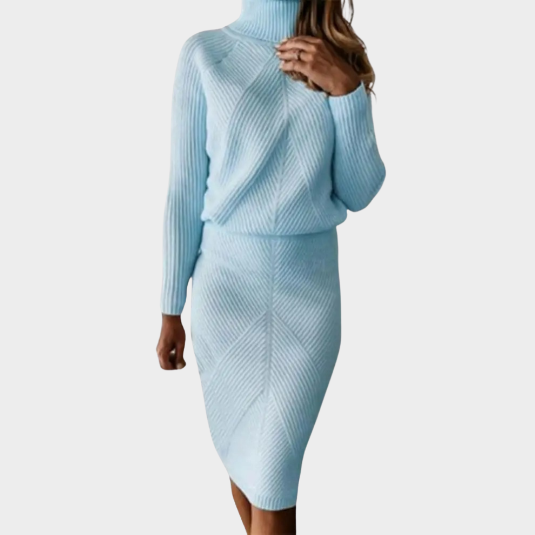 Women's Knitted Sweater Skirt Set – Two-Piece Outfit – High Collar – Long Sleeve – Elastic Waist – Warm & Stylish – Multiple Colours