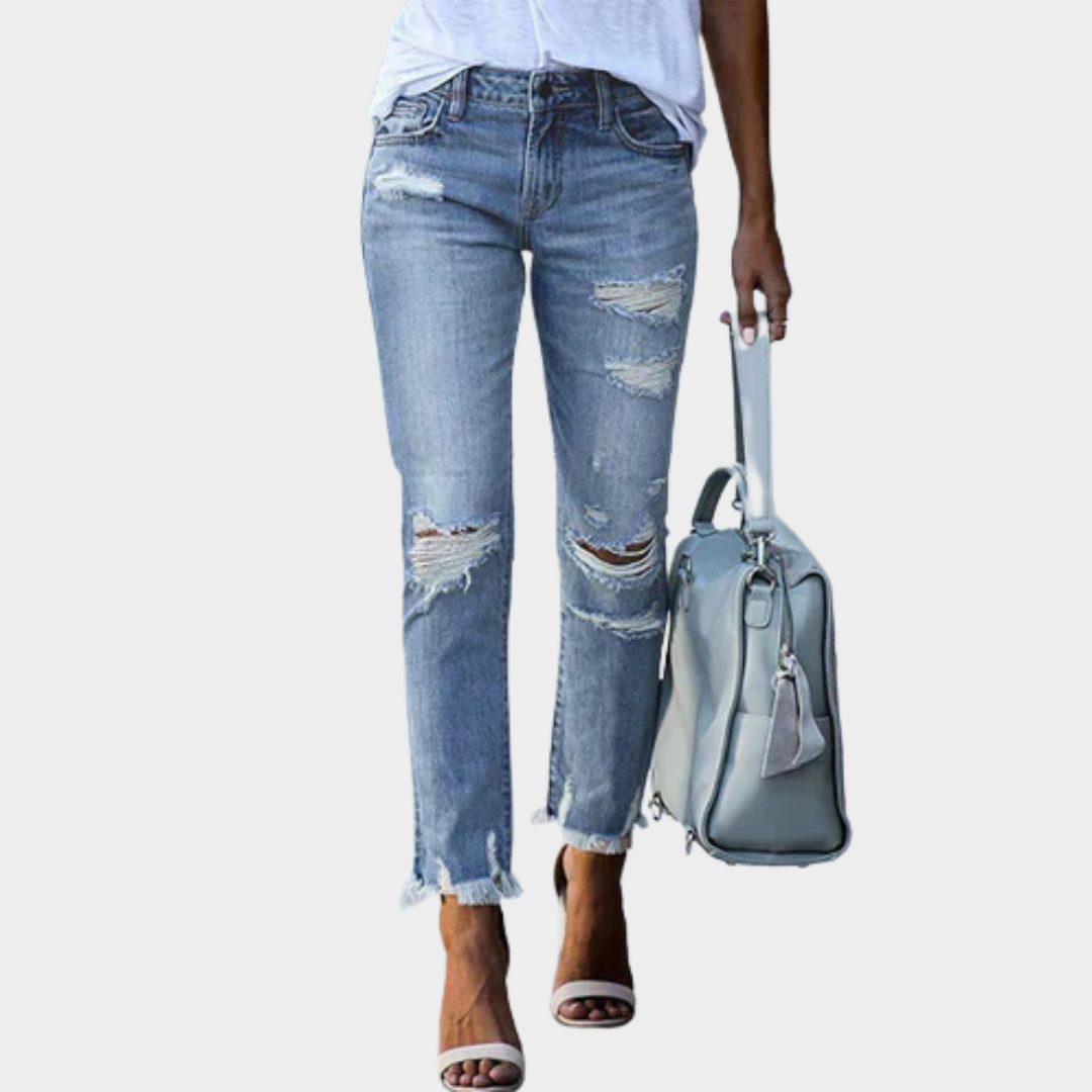 Women's Ripped Slim-Fit Denim Jeans – High-Waist – Vintage Style – Multiple Colours