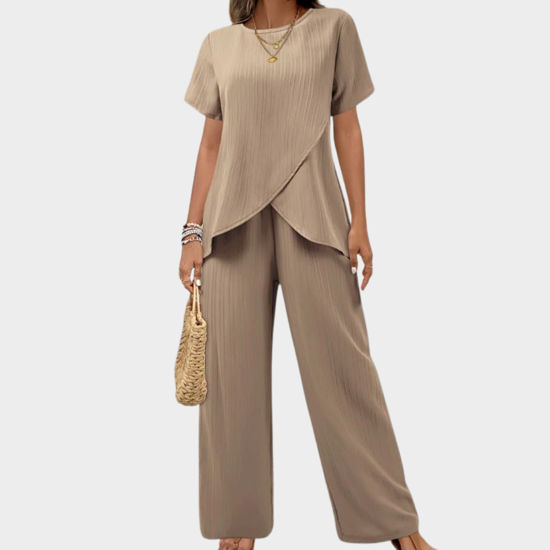 Women Two-Piece Set – Round Neck Short Sleeve Top with Irregular Split and Elastic Waist Trousers – Multiple Colours