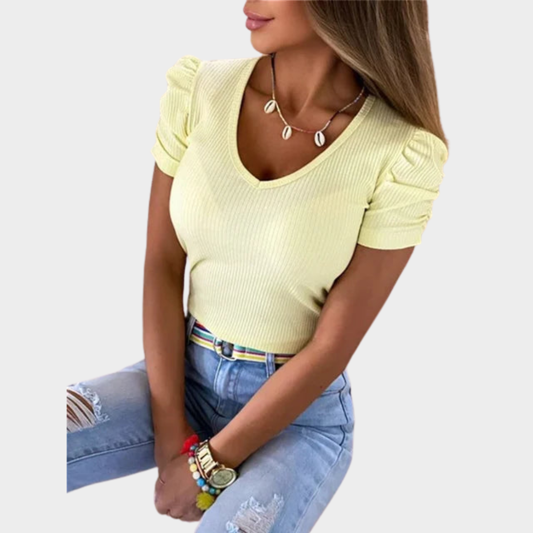 Women’s Puff Sleeve V-Neck Pullover Top – Slim Fit Stretch Casual T-Shirt – Lightweight Ribbed Knit Style – Multiple Colours