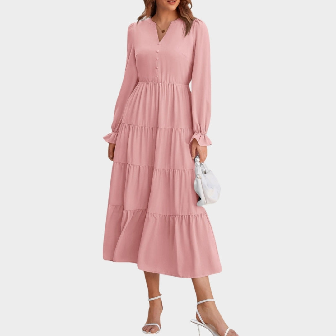 Women’s High-Waist A-Line Dress - V-Neck, Layered Ruffles, Button Embellished, Long Sleeve, Wine, Black, and More