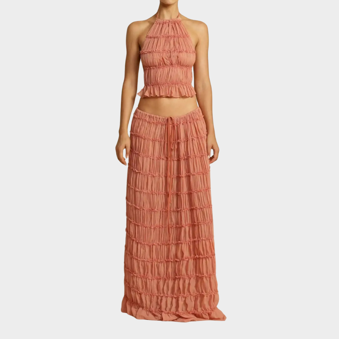 Women Two Piece Dress Set – Backless Ruffle Trim Halter Neck Vest with Long Skirt – Multiple Colours