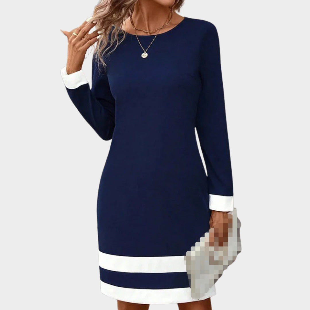 Women's Autumn Winter Fashion Color Block Dress – Round Neck Long Sleeve Casual Fit, Black, Blue, and More