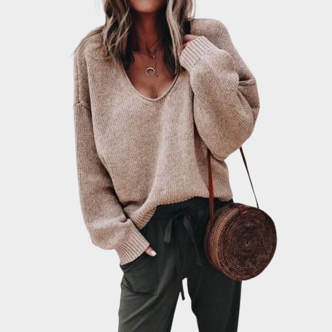Women's Knitted V-Neck Sweater – Long Sleeve Loose Fit Pullover – Multiple Colours
