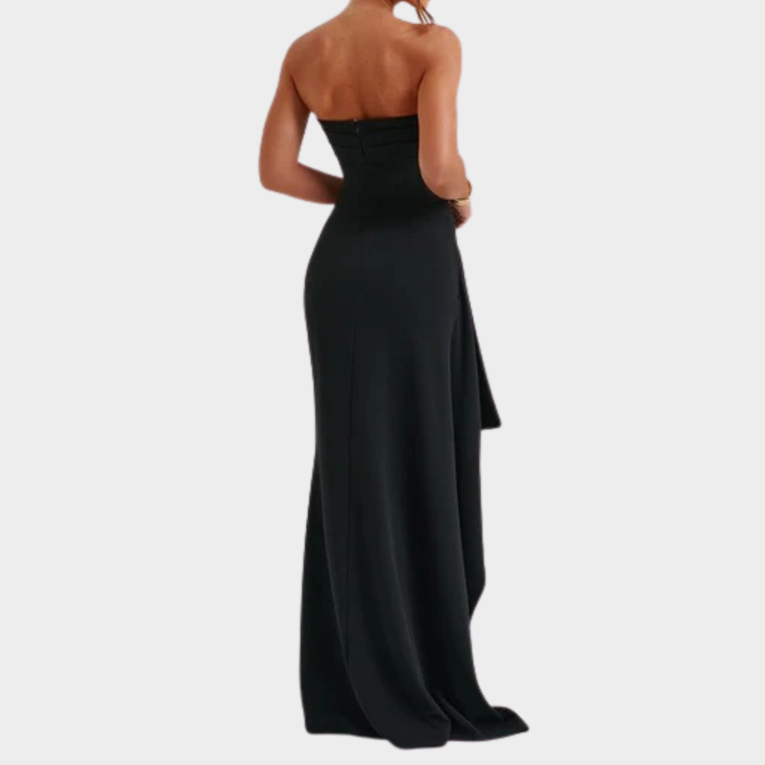 Women’s Maxi Dress – Strapless Bodycon Fit with Pleated Bust, Thigh High Split and Draped Detail in Luxury Stretch Crepe – Multiple Colours
