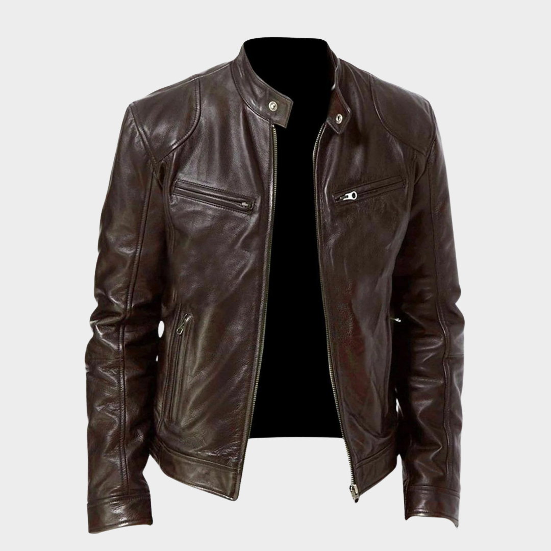 Men’s Stand-Up Collar Leather Jacket – Slim Fit – Zipper Pockets – PU Coat – Biker Style – Multiple Colours